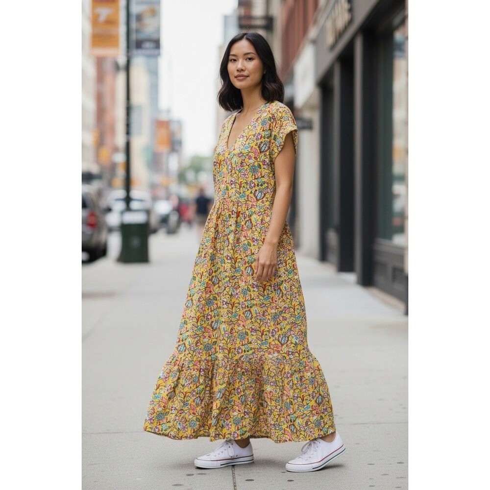 Boden Tiered Floral Midi Dress Size 14L Cotton Jersey Relaxed Pockets Boho